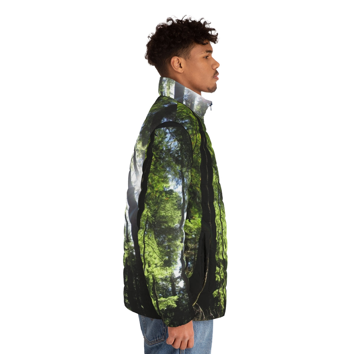 Puffer jacket with a print of sunlit fir trees in a forest - men side right