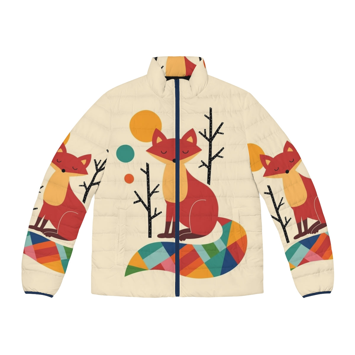 Colorful puffer jacket featuring a whimsical rainbow fox design