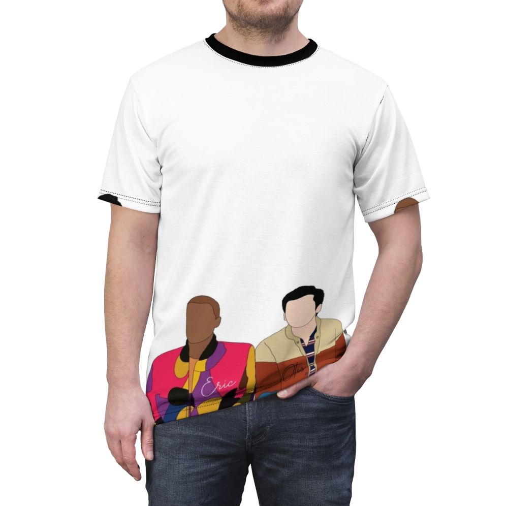 Inspired Sex Education T-shirt featuring Otis, Maeve, and Eric from the Netflix TV show - men front