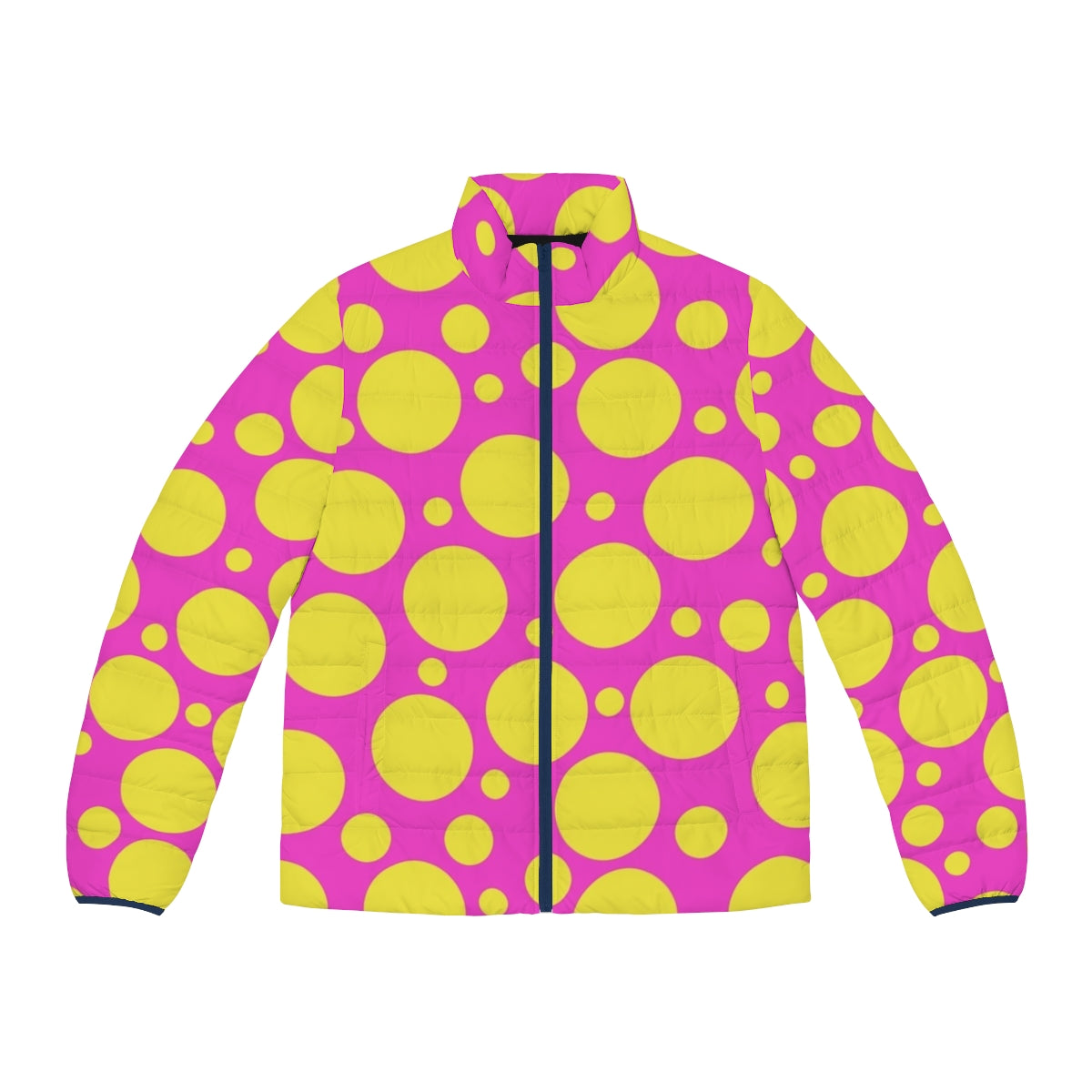 Vibrant polka dotted puffer jacket in hot pink and yellow colors