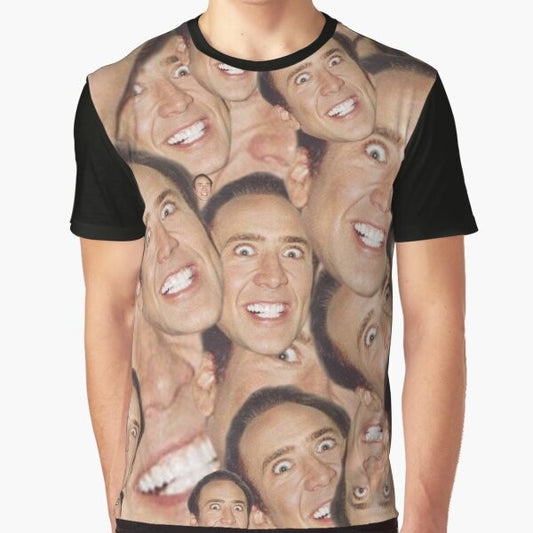 A unique graphic t-shirt featuring a collage of images of actor Nicolas Cage with his signature smile and creepy expressions.