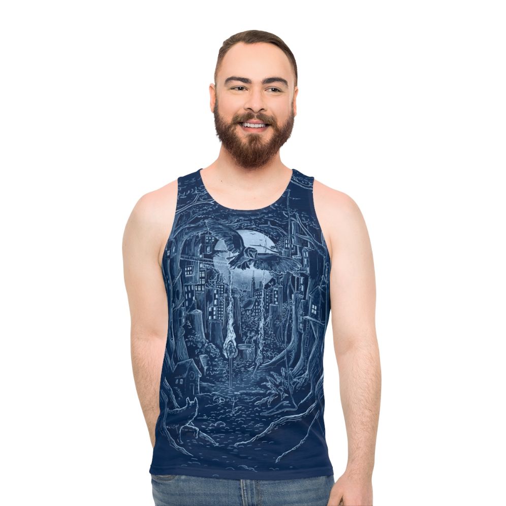 Enchanting forest unisex tank top with moonlit cityscape and wildlife - men