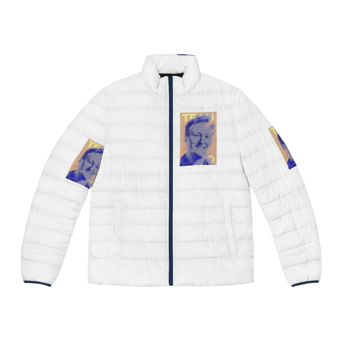 Team Coco Blue Orange Puffer Jacket with Conan Obrien's portrait and line art design