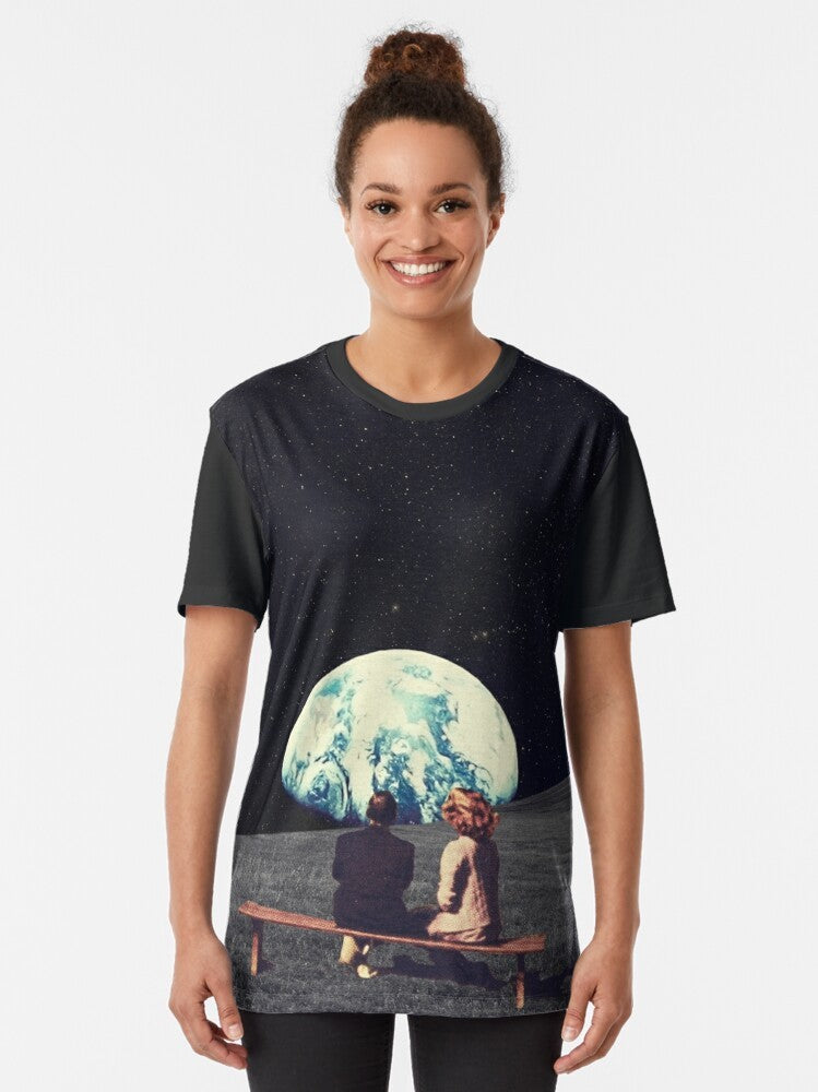 Vintage surreal collage t-shirt design featuring a couple waiting in a surreal, space-themed landscape with the Earth in the background. - Women