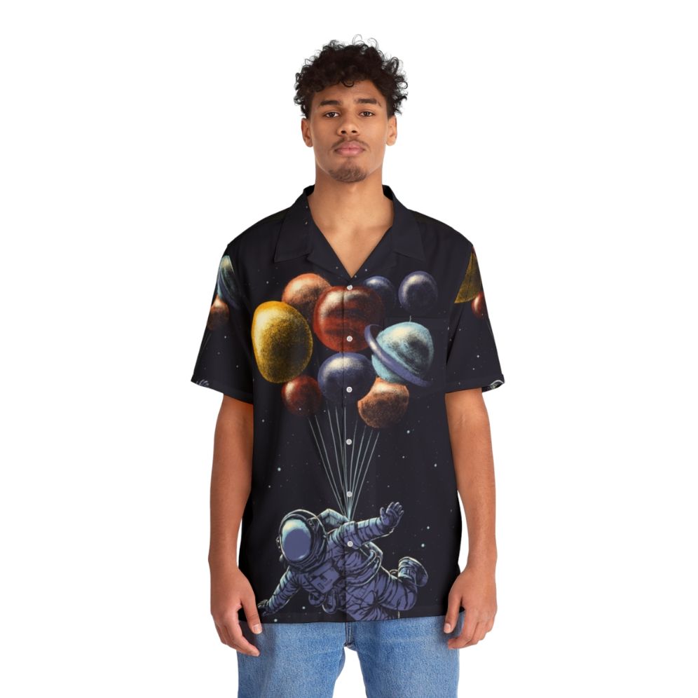 Space themed Hawaiian shirt with abstract galaxy and cosmic imagery - People Front