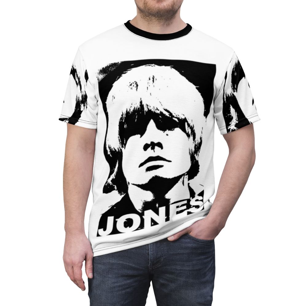 Vintage-style t-shirt design featuring an illustration of Brian Jones, the iconic guitarist of The Rolling Stones and pioneer of psychedelic rock. - men front