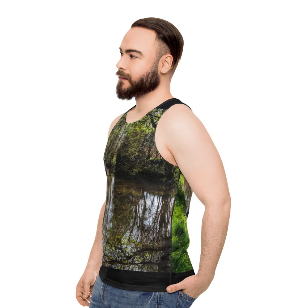 Unisex tank top with a peaceful canal barge scene - men side