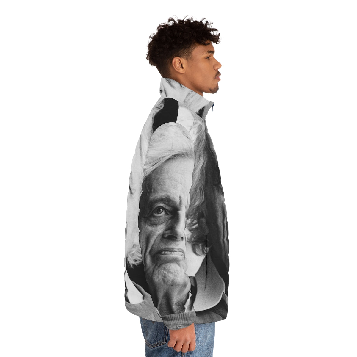 A stylish puffer jacket featuring the name and image of renowned classical composer György Ligeti - men side right