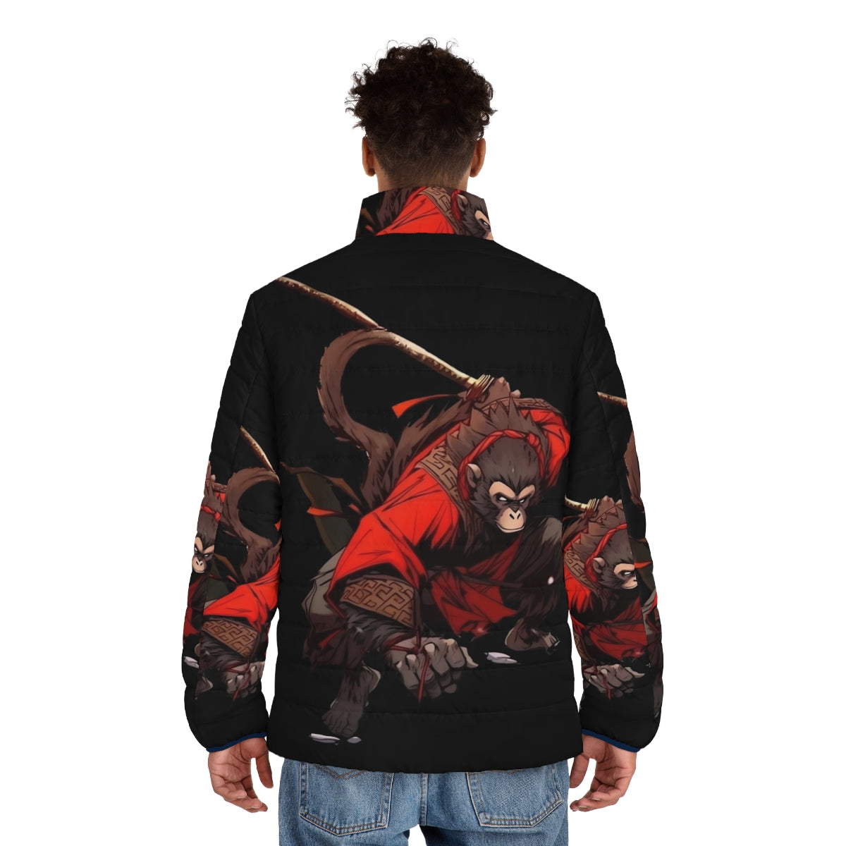 Ninja Monkey Puffer Jacket showcasing an anthropomorphous warrior design - men back