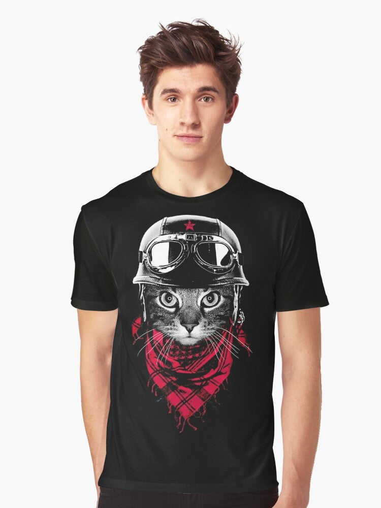 Adventurer cat graphic t-shirt featuring a cute cat in an adventure-themed design - Men