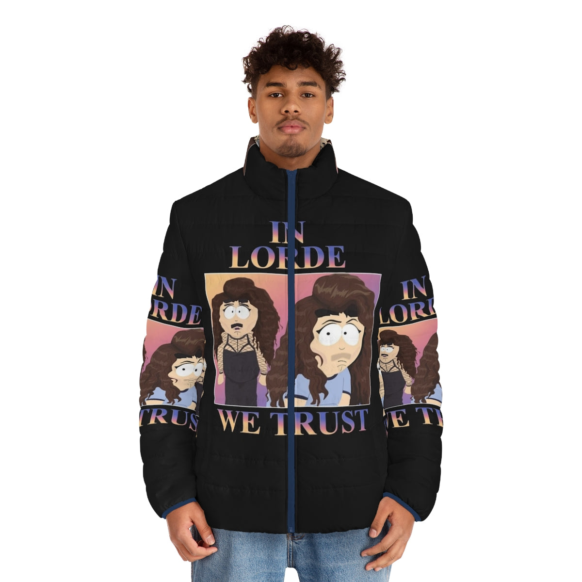 Lorde-inspired puffer jacket with "In Lorde We Trust" graphic - men front