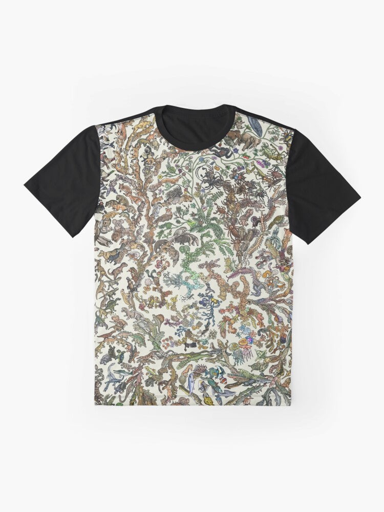 Tree of life graphic t-shirt with animal evolution design - Flat lay