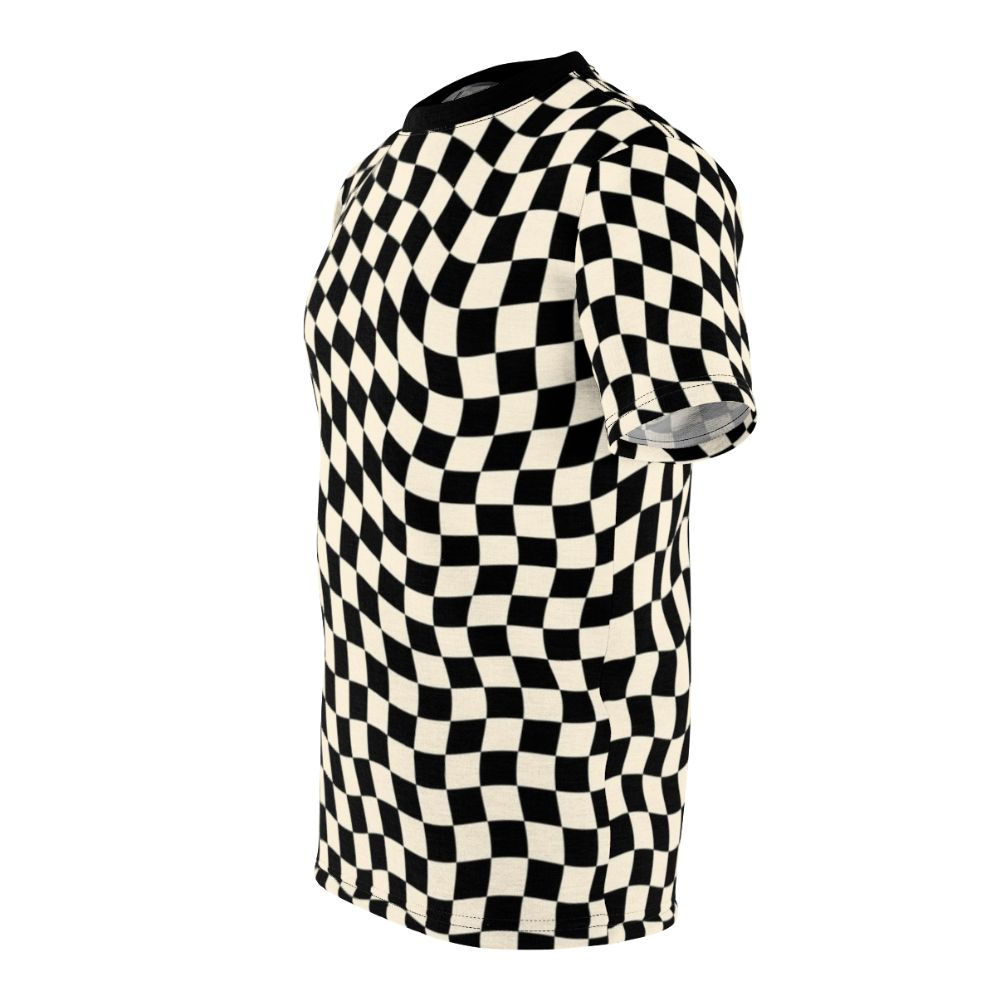 Stylish t-shirt featuring a vibrant wavy checkerboard pattern design - men left