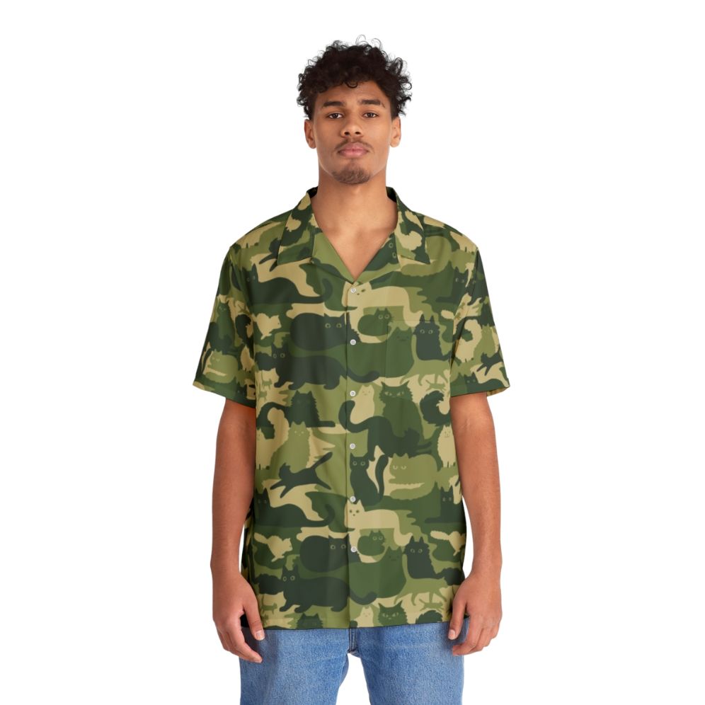 Camouflage pattern Hawaiian shirt with green cat camo design - People Front