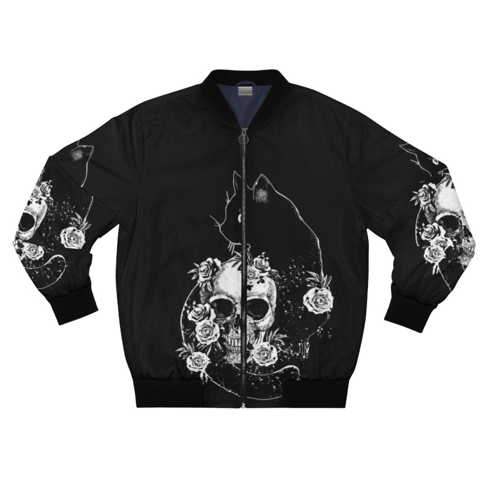 Bomber jacket with a black cat, skeleton, and bird design in a black and white drawing style.