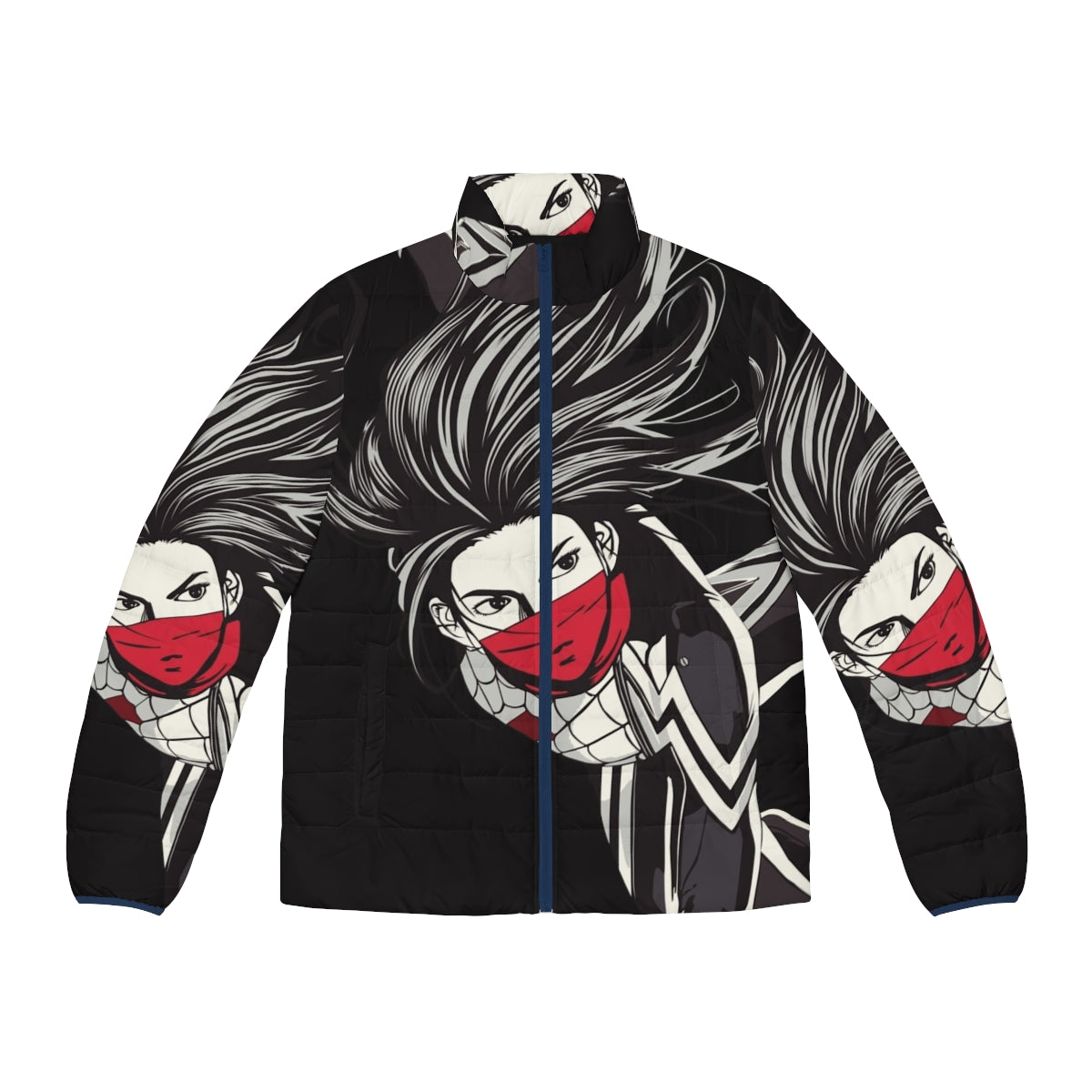 Cindy Moon inspired puffer jacket with spider-verse and superhero graphics