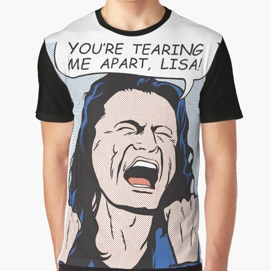 "You're Tearing Me Apart, Lisa!" The Disaster Artist graphic t-shirt featuring a pop art style design with a drowning girl, actor, and quote from the cult classic movie.