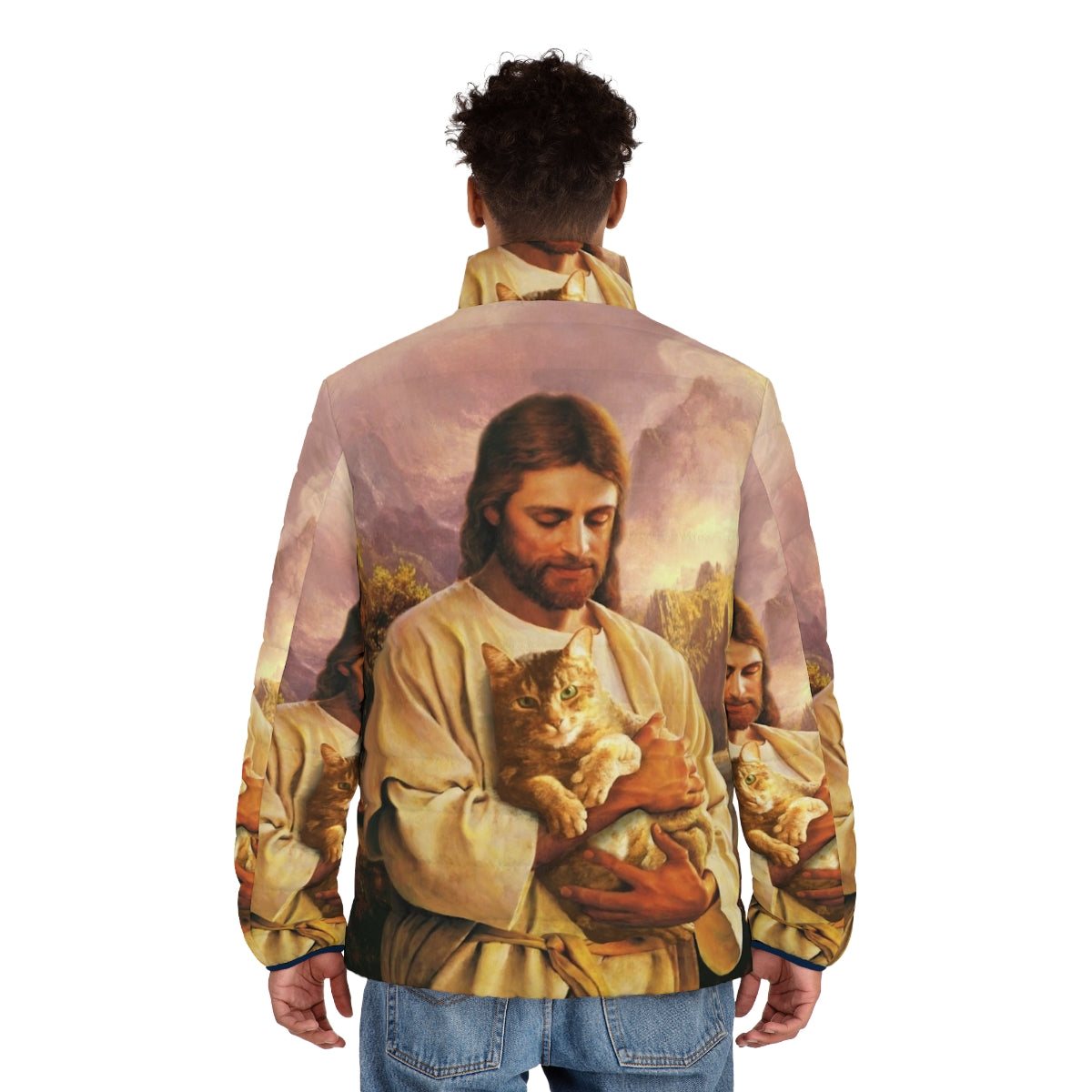 A puffer jacket featuring a cat dressed as Jesus Christ, a humorous religious-themed apparel item. - men back