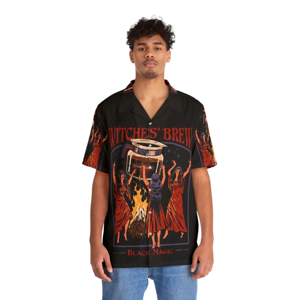 Retro Witches Brew Hawaiian Shirt with Occult, Horror, and Caffeine Inspired Design - People Front