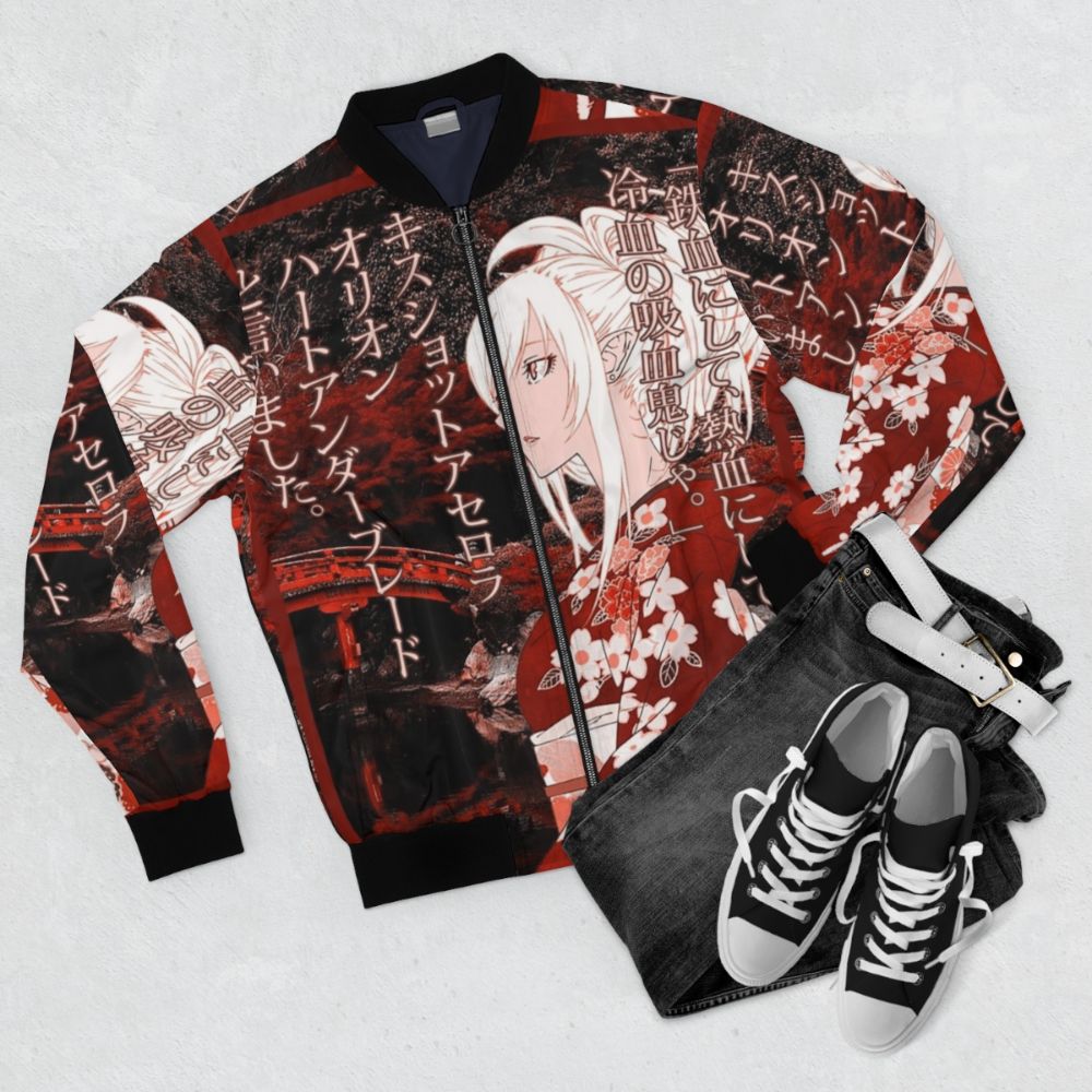 Kiss-Shot Acerola-Orion Heart-Under-Blade Yukata Bomber Jacket, featuring a vibrant red color and a quote from the popular anime and light novel series. - Flat lay