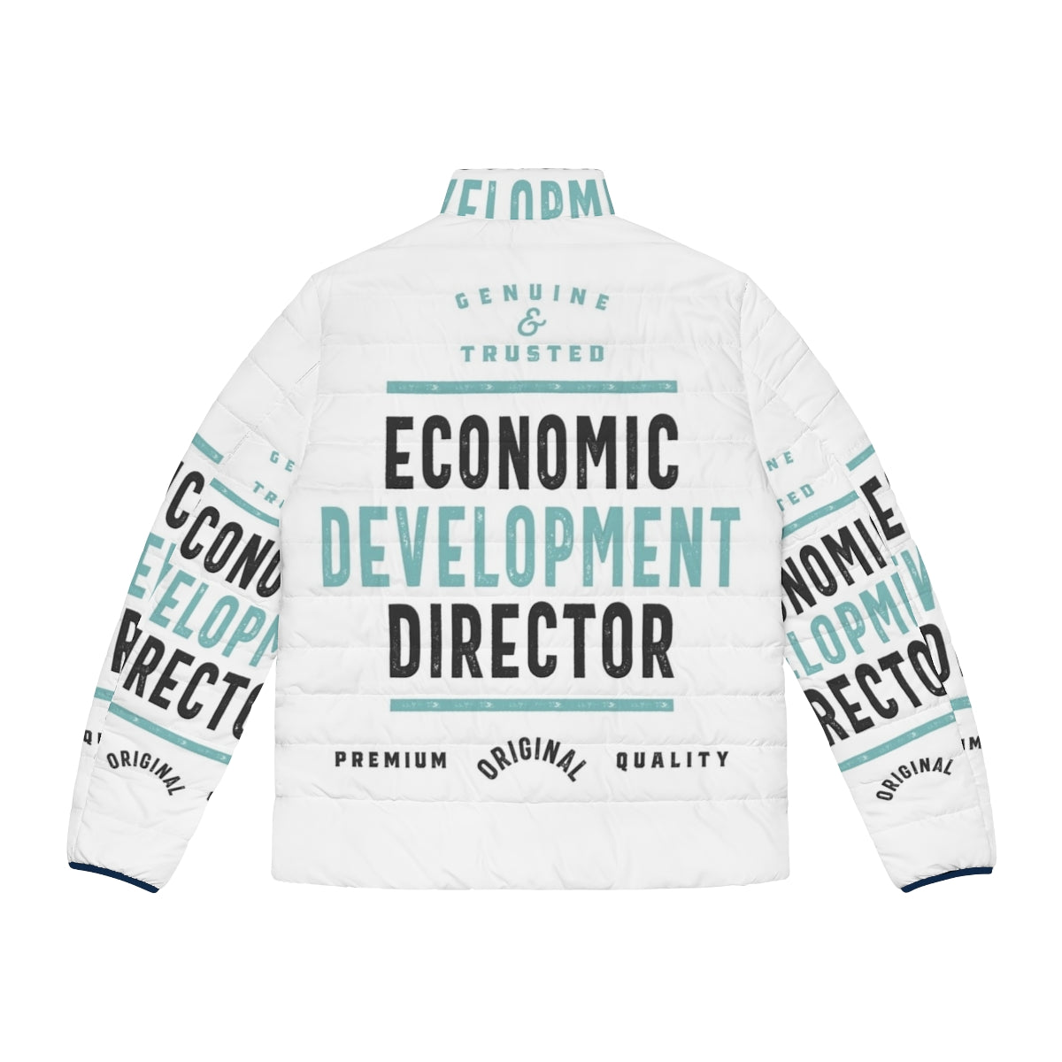 Economic Development Director wearing a puffer jacket with focus on business outfit - Back