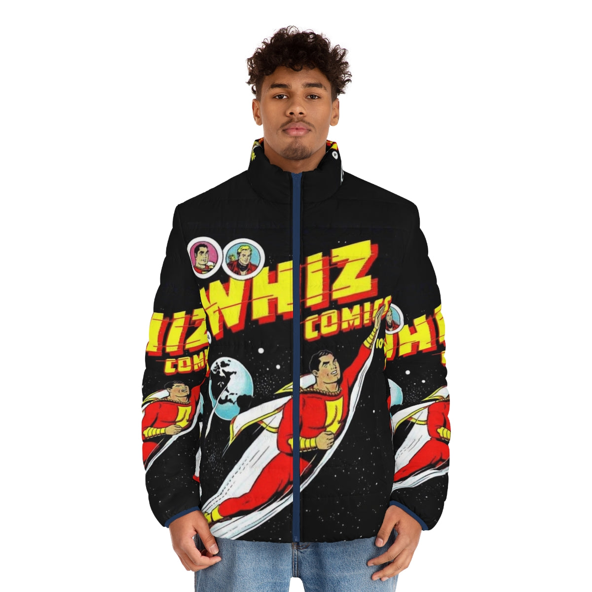 Golden age comic puffer jacket with vintage superhero design - men front