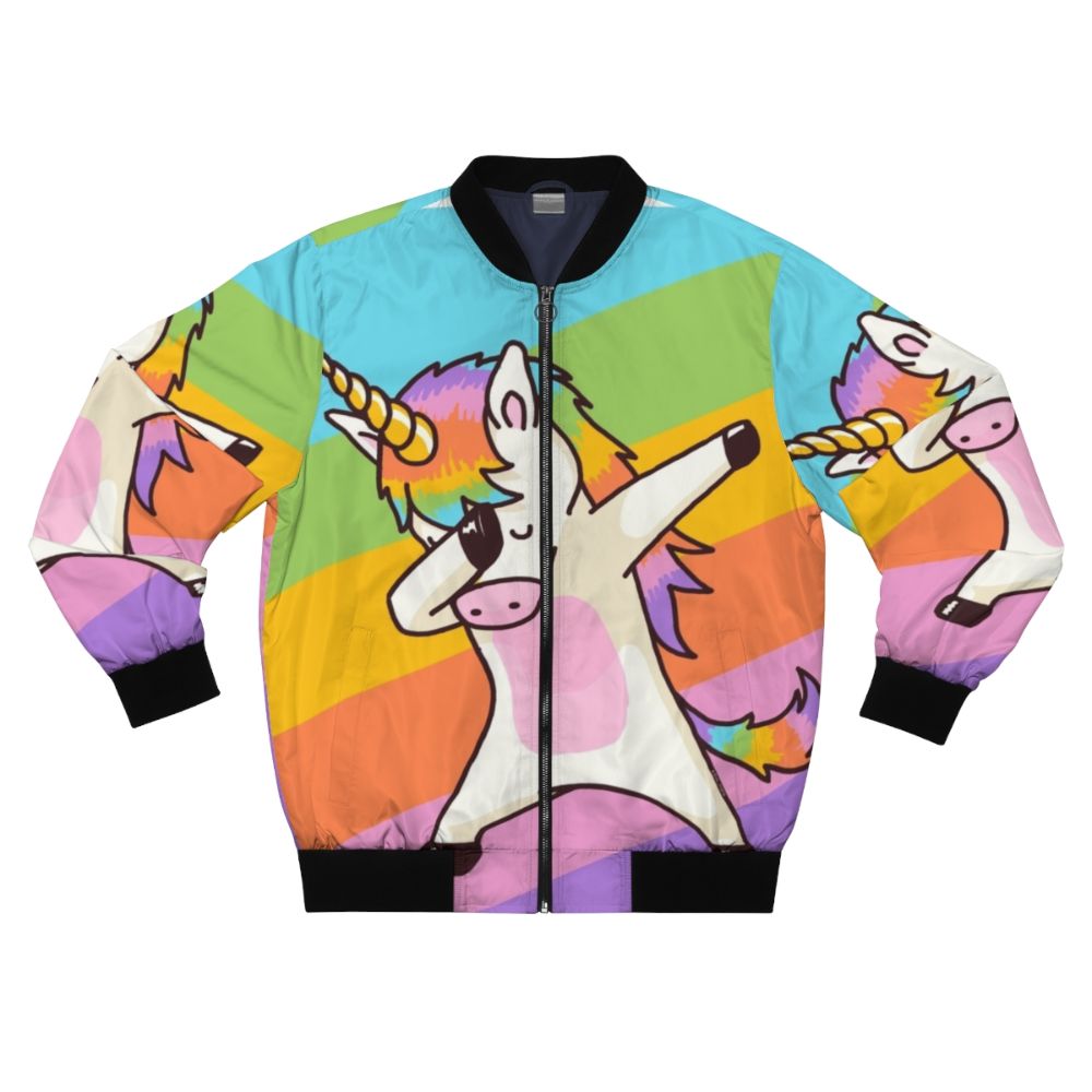 A stylish bomber jacket featuring a dabbing unicorn design with hip hop and dab elements.