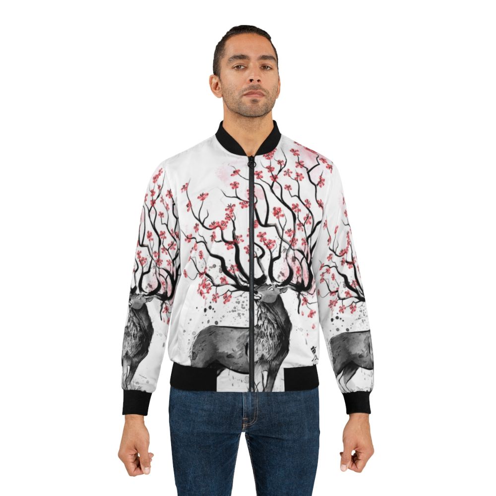 Sakura Deer Bomber Jacket, featuring a nature-inspired watercolor design of a deer amidst sakura blossoms - Lifestyle