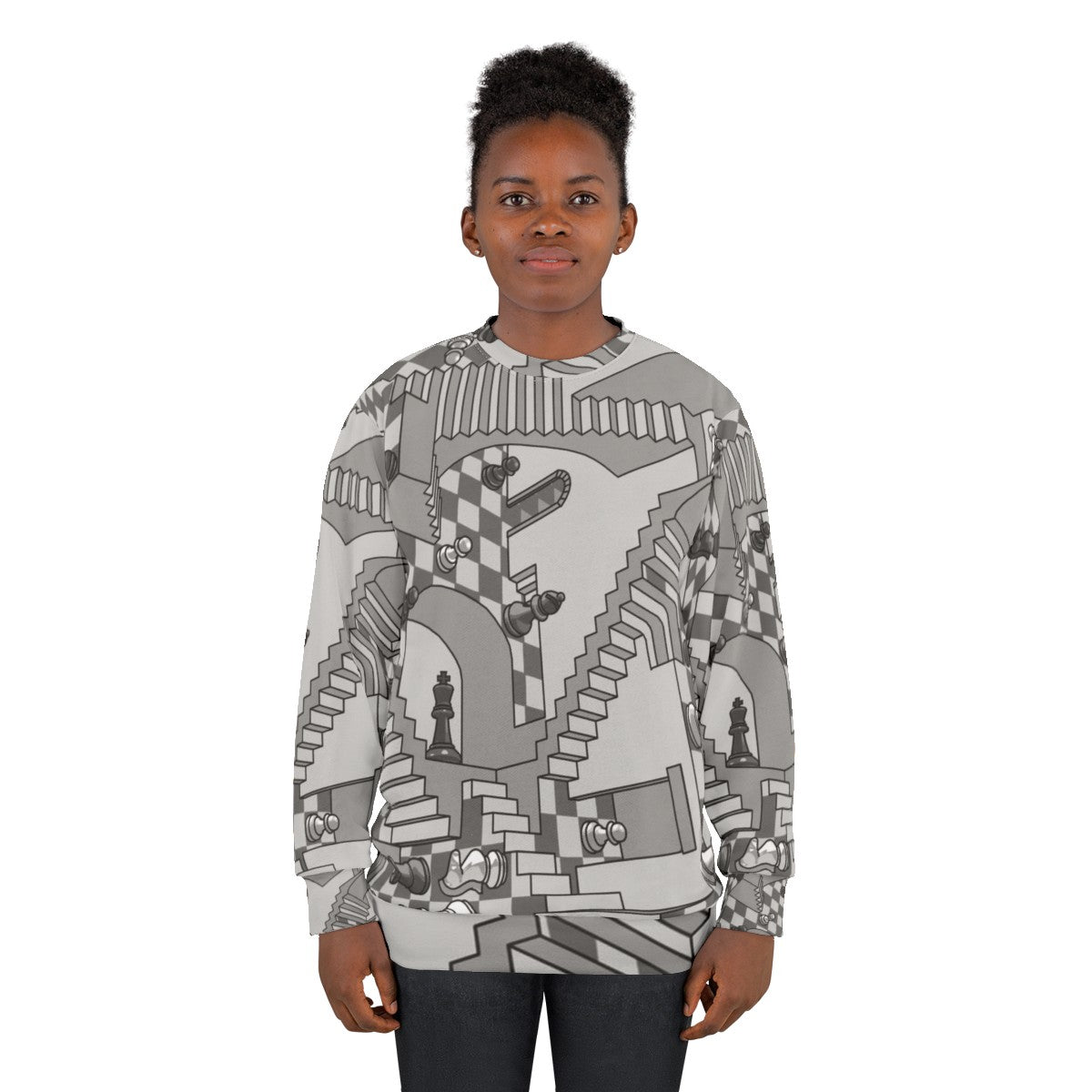 Check Dimension Sweatshirt with Chess and Geometric Pattern Design - women