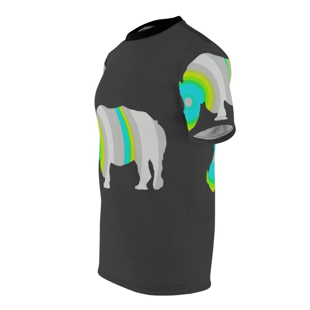 Colorful and abstract illustration of a rhinoceros on a t-shirt - men left