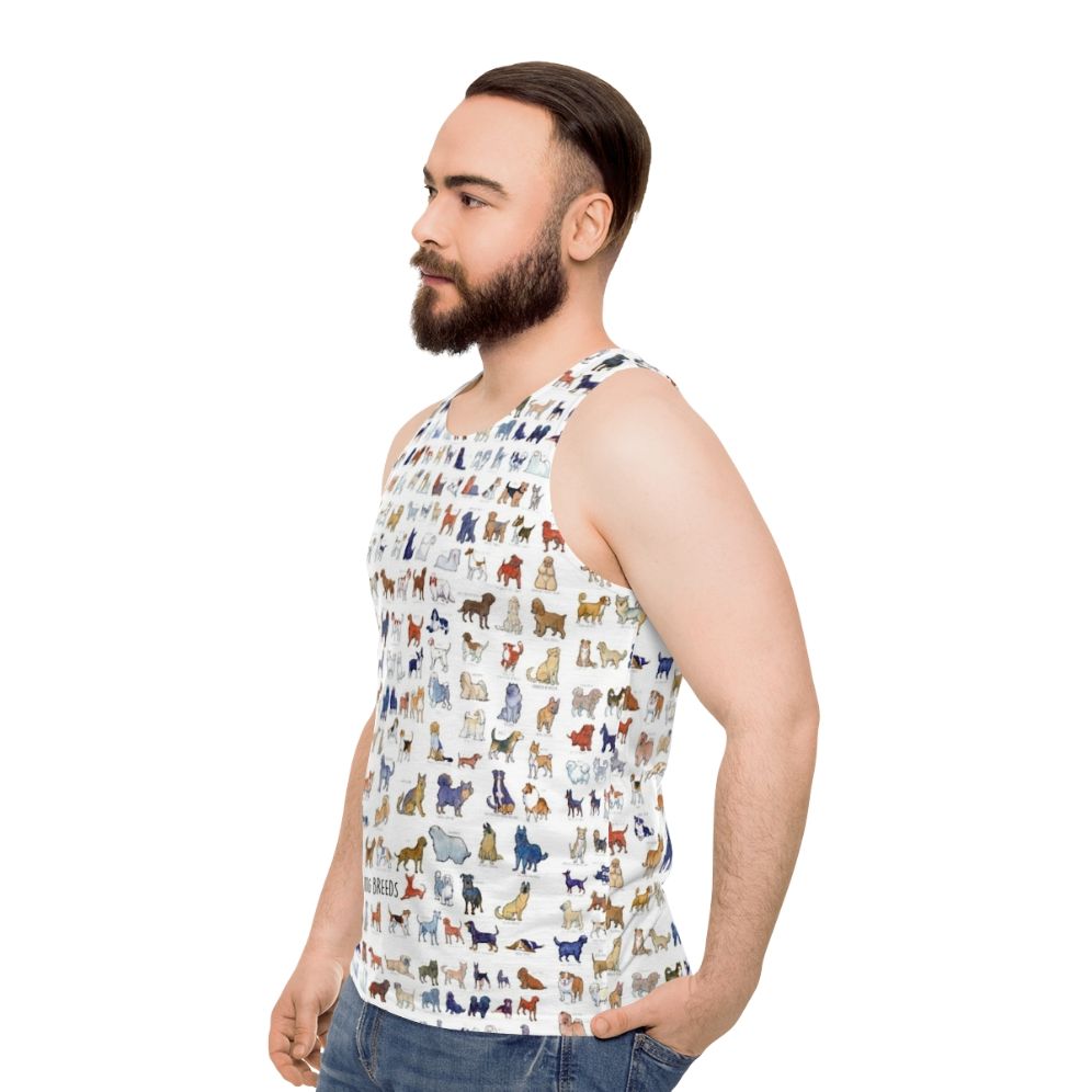 Unisex tank top featuring watercolor illustrations of every AKC dog breed - men side