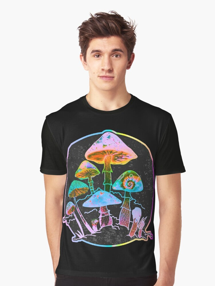 Colorful, trippy graphic t-shirt featuring a psychedelic mushroom galaxy design - Men