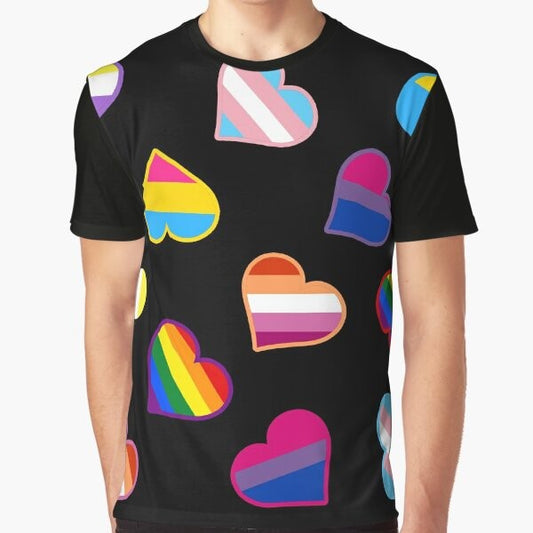 Colorful pride flags hearts design on a graphic t-shirt