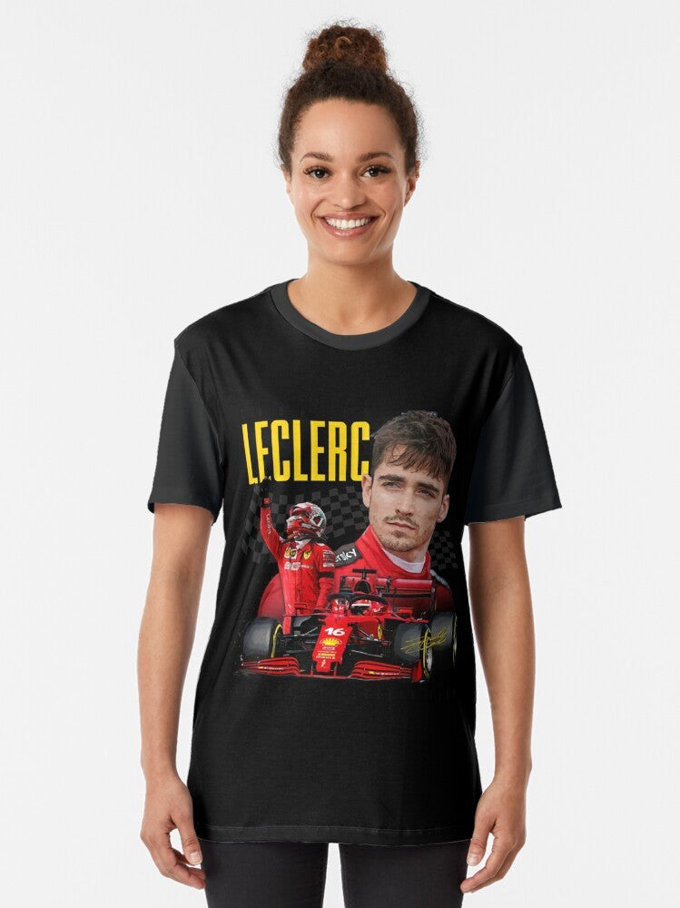 Charles Leclerc, Ferrari Formula 1 driver, wearing a graphic t-shirt with a Formula 1 design. - Women