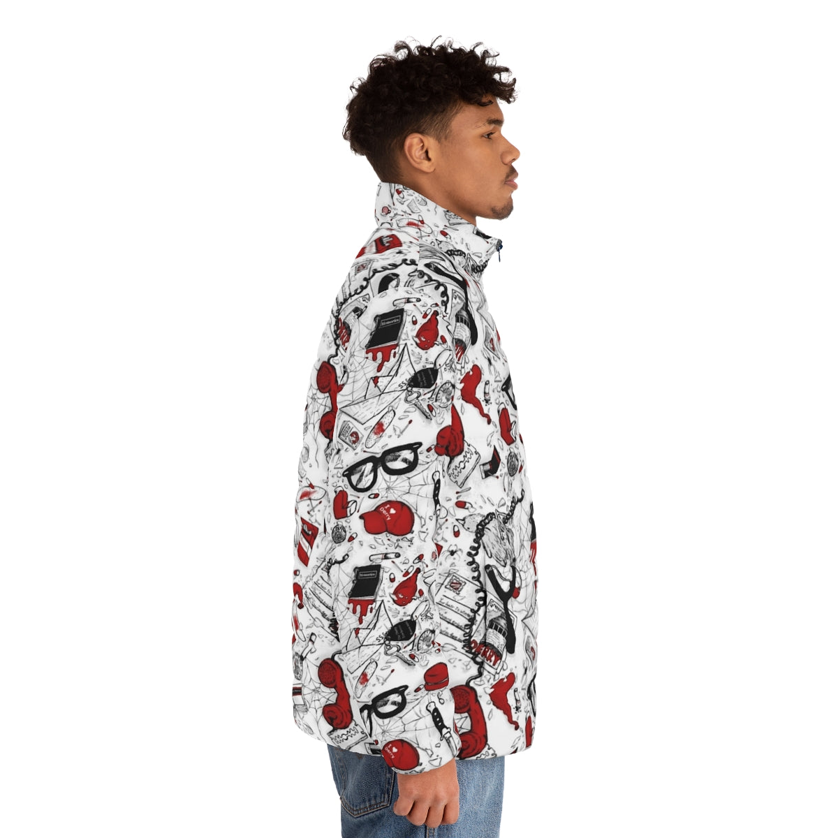 Reversible repeating pattern puffer jacket featuring characters from the IT movie franchise - men side right