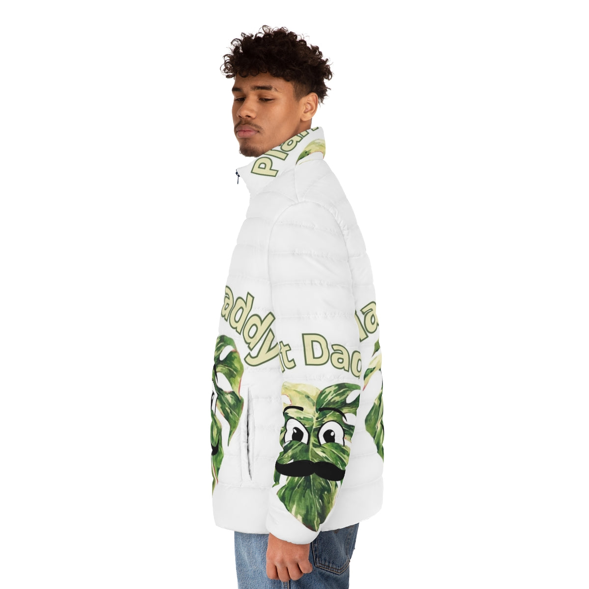 Person wearing a puffer jacket with a monstera deliciosa plant - men side left