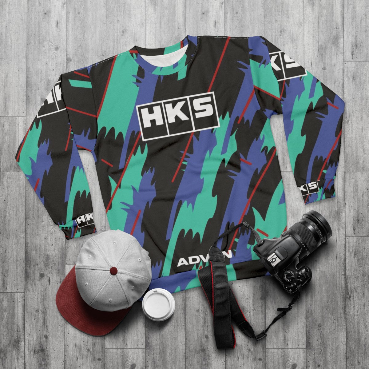 HKS Retro Livery Sweatshirt - Automotive JDM Car Apparel - flat lay