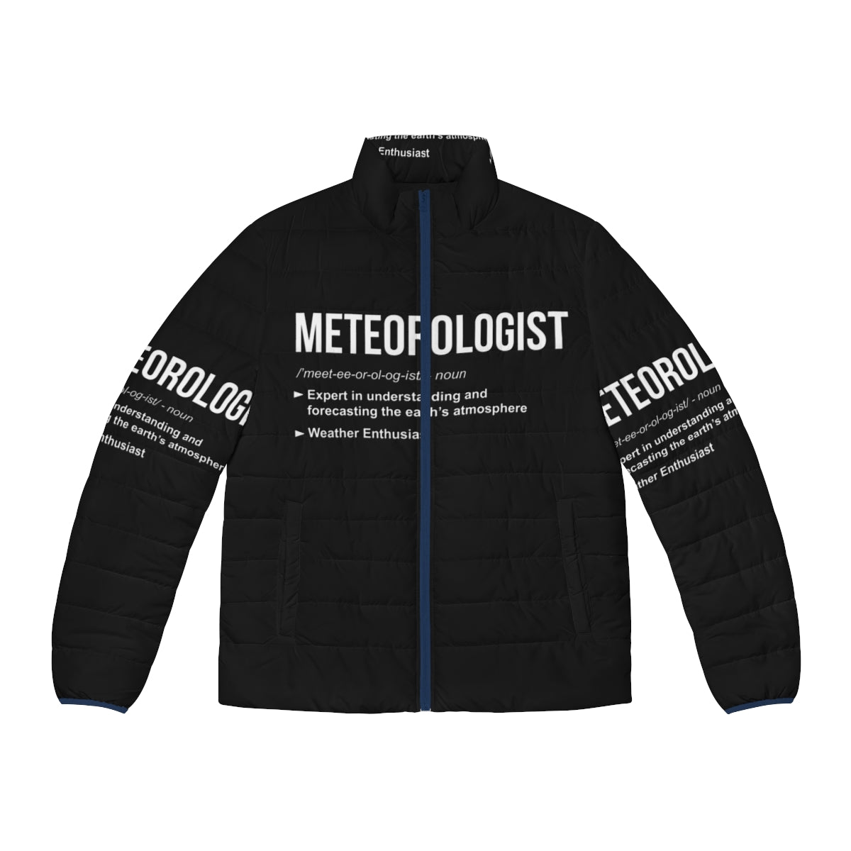 Meteorologist graduation puffer jacket with weather-related design