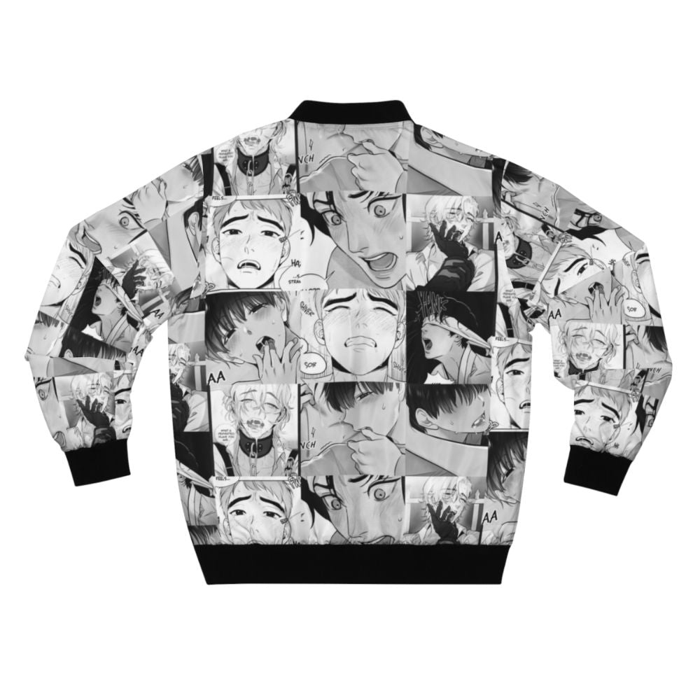 A bomber jacket featuring an anime-inspired yaoi design with two boys in a romantic embrace. - Back