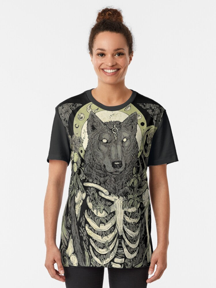 Werewolf graphic t-shirt with a dark, mythical design featuring a wolf skull and skeleton elements - Women