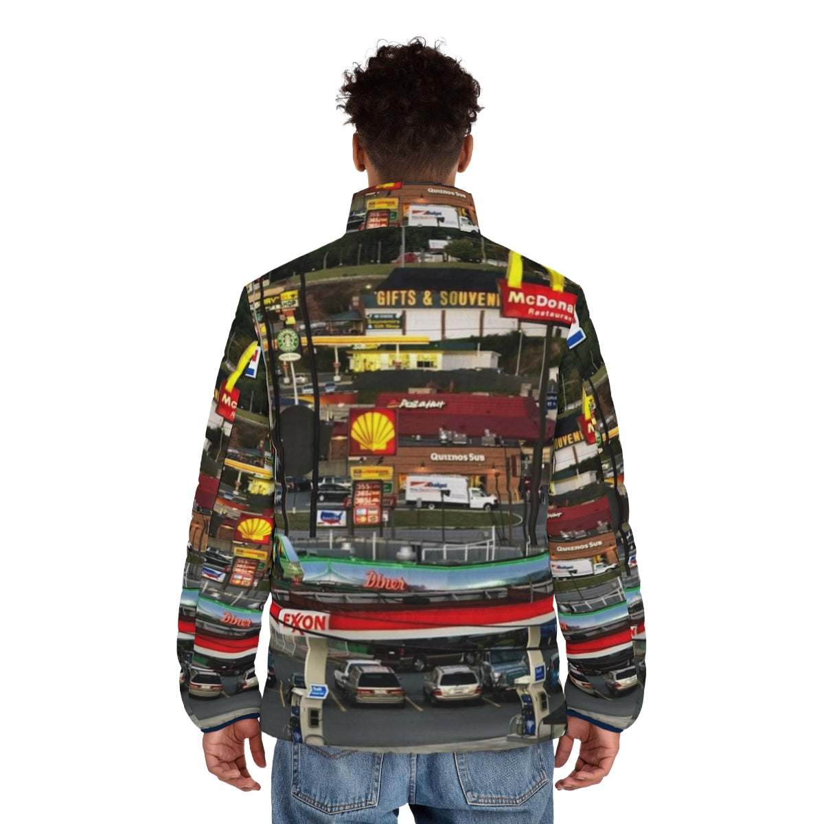 Vintage puffer jacket with Breezewood, PA truckstop and Americana-inspired graphics - men back