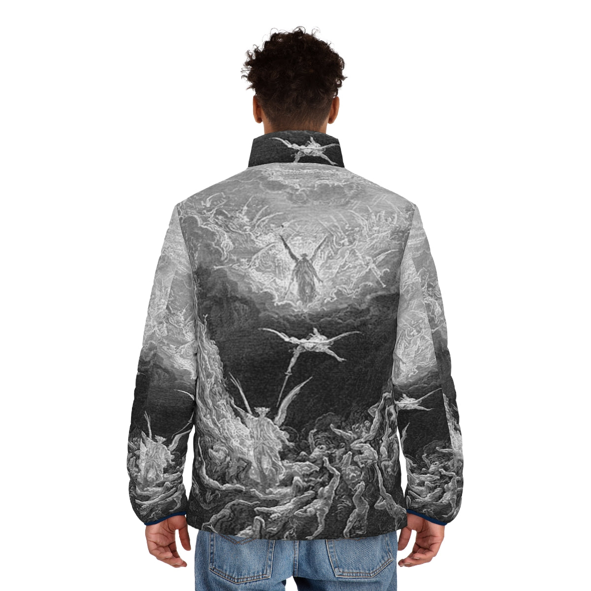 Puffer jacket featuring Gustave Doré's famous religious illustration 'The Last Judgement' - men back