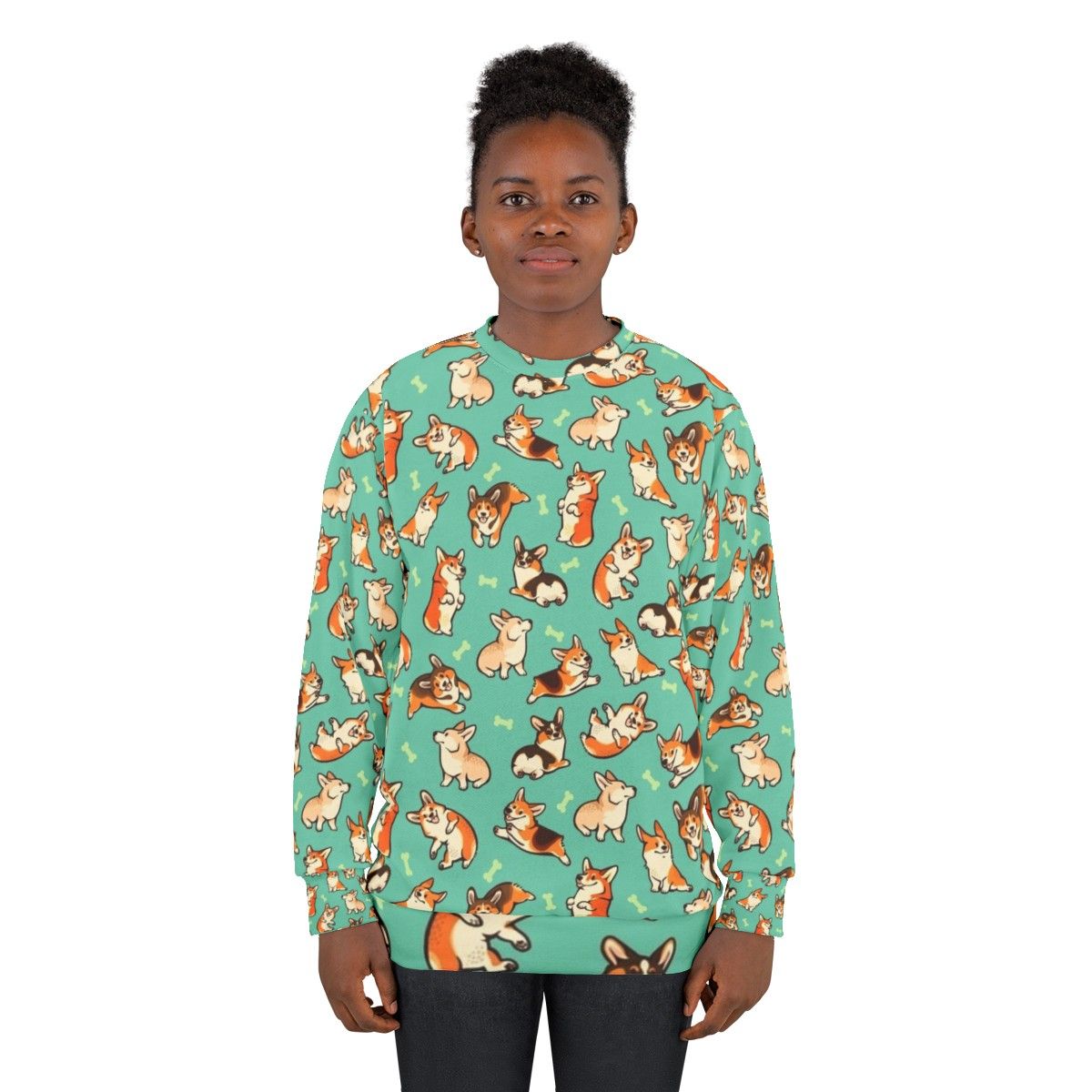 Jolly Corgis in Green Sweatshirt - Cute Pembroke Welsh Corgi Pattern - women