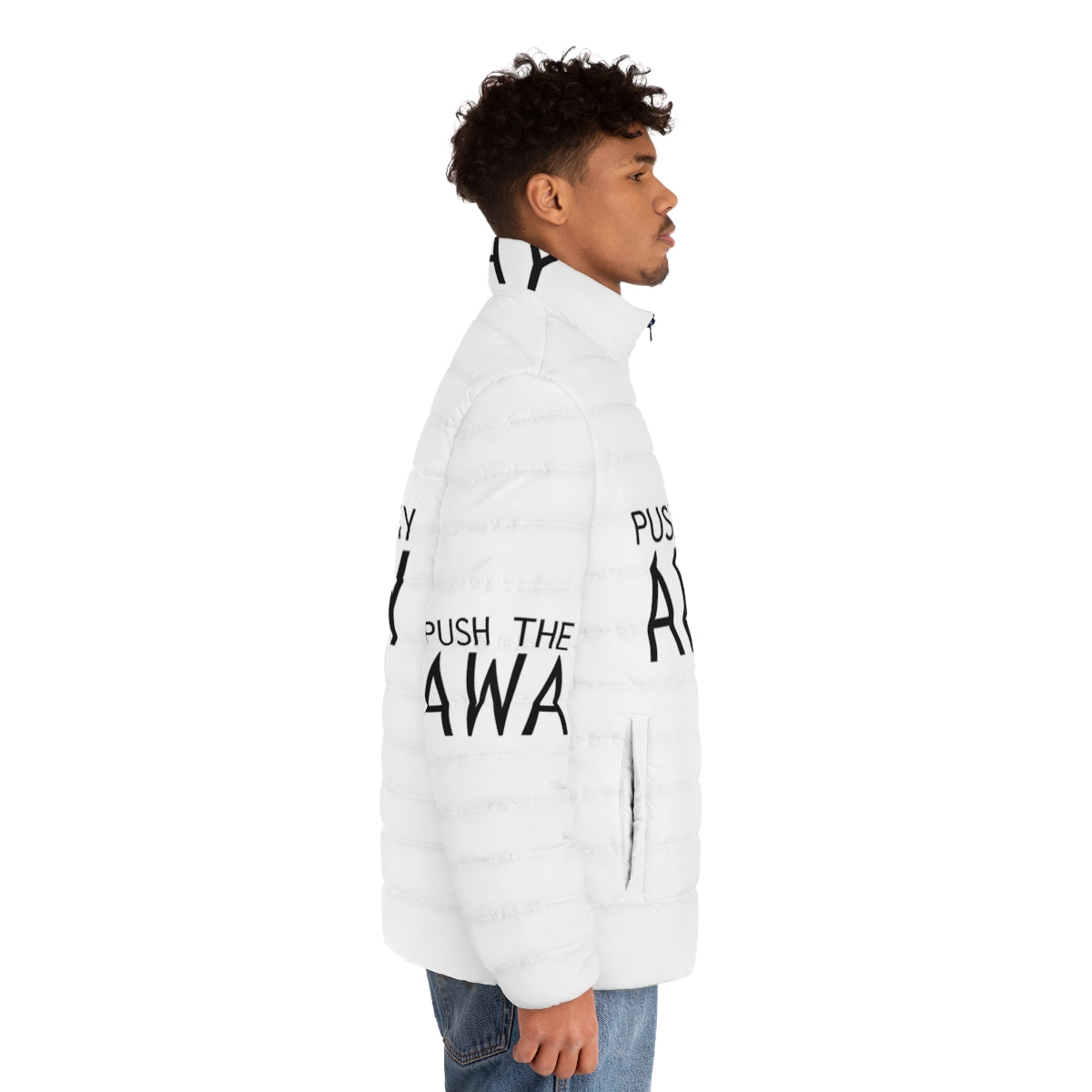 Puffer jacket with "Push The Sky Away" Nick Cave inspirational quote - men side right