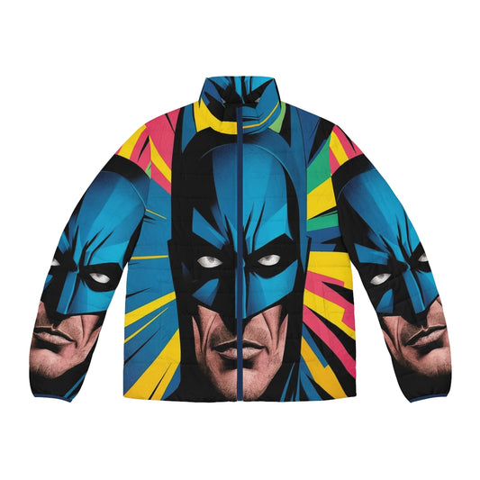 Colorful superhero pop art puffer jacket featuring a bat design for comic book lovers