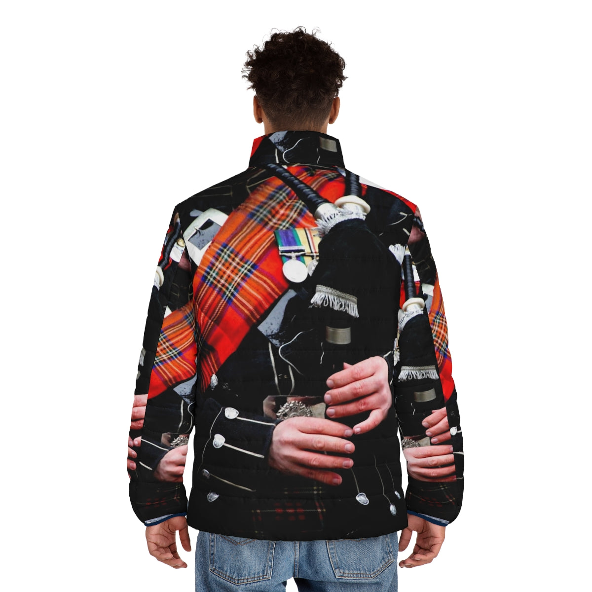 A cozy puffer jacket featuring a tartan and bagpipe design, perfect for celebrating Scottish heritage. - men back