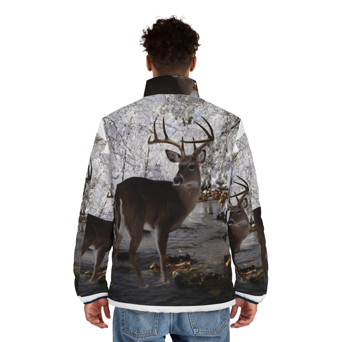 A warm and stylish puffer jacket with a whitetail deer design, perfect for cold weather outdoor activities. - men back