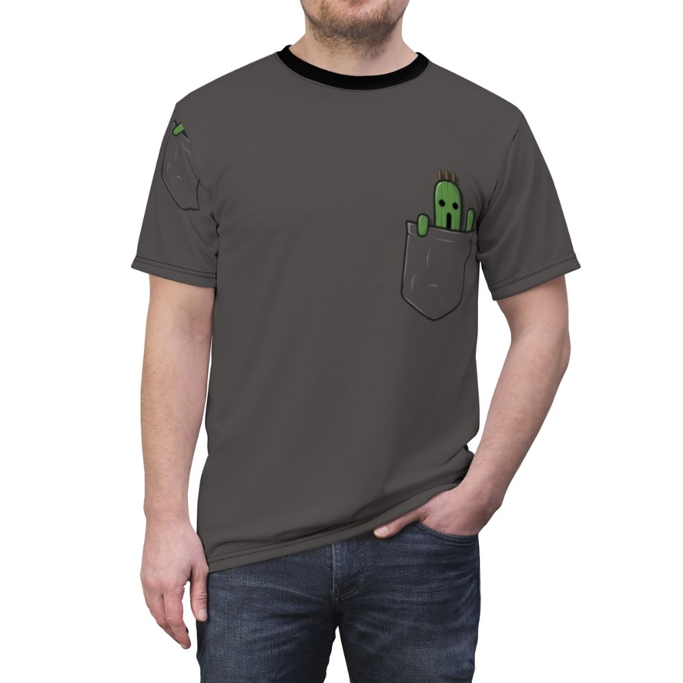 T-shirt featuring a small, cartoonish cactus-like character, perfect for fantasy and video game enthusiasts. - men front