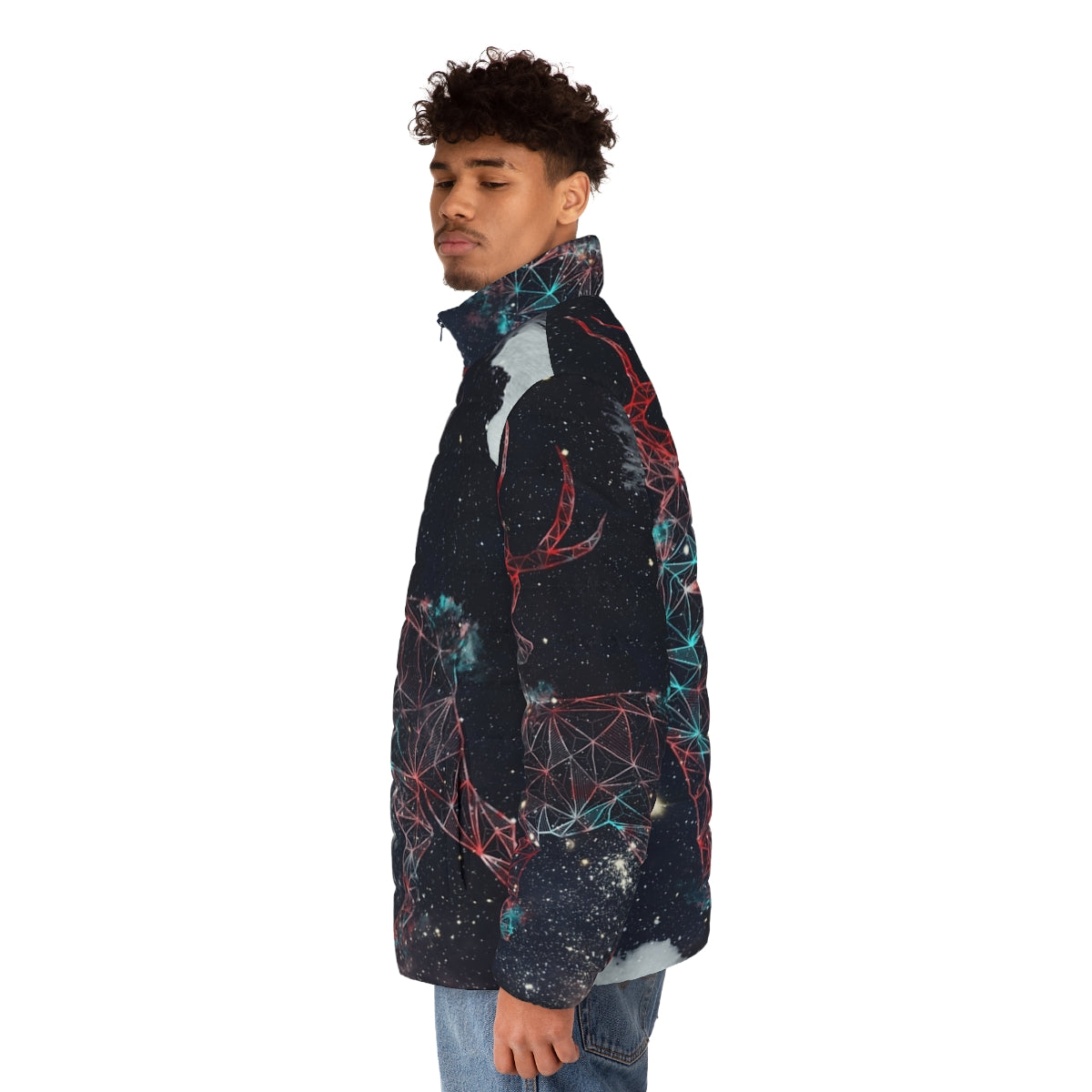 Celestial deer puffer jacket with graphic galaxy and star design - men side left