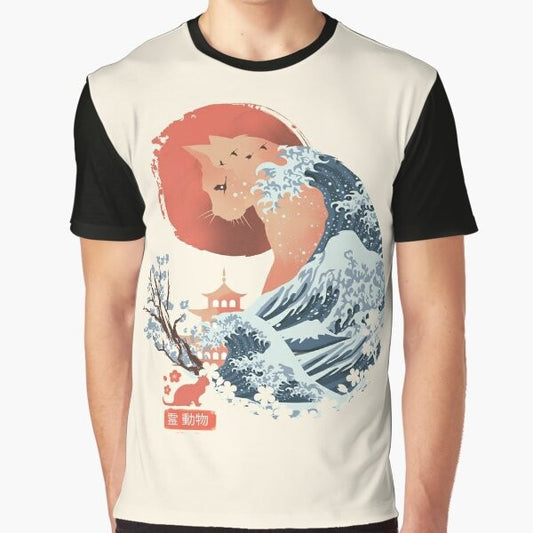 Anime-style cat graphic illustration on a t-shirt, featuring a Japanese ukiyo-e inspired cat design.